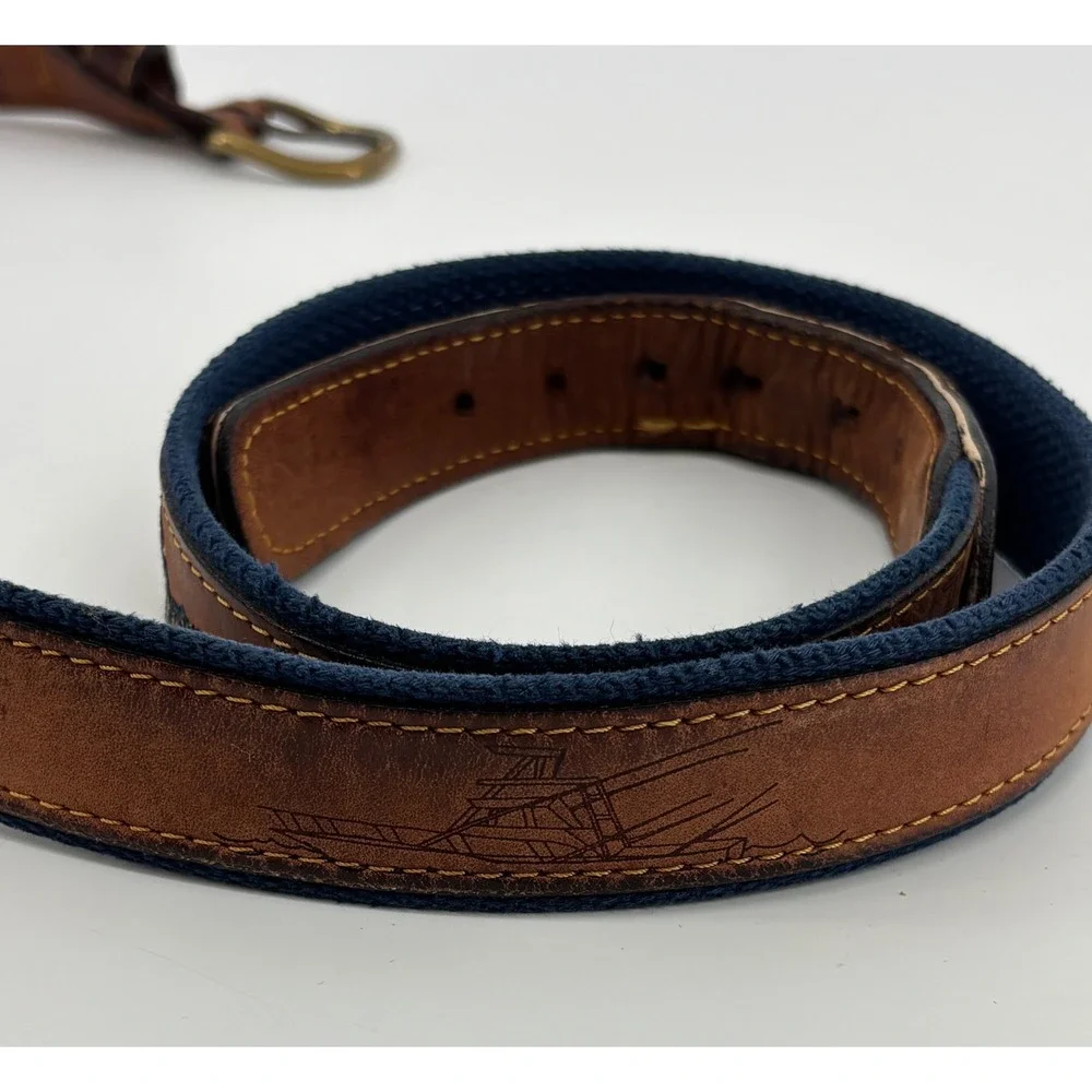 VTG Zeppelin Fish Canvas Leather Belt Size 46 Solid Brass Buckle Made In USA